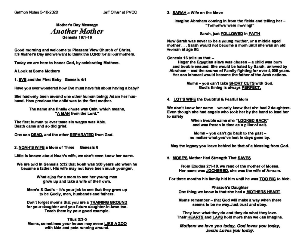 Sermon Notes 5 10 2020 Bulletin Mother s Day Sermon Mothers From